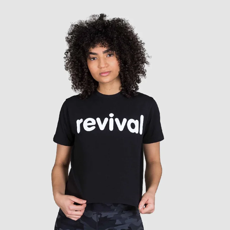 REVIVAL - WOMEN'S ESSENTIAL CROP T-SHIRT - BLACK/WHITE Ribbed T-Shirt High Neck Heavyweight