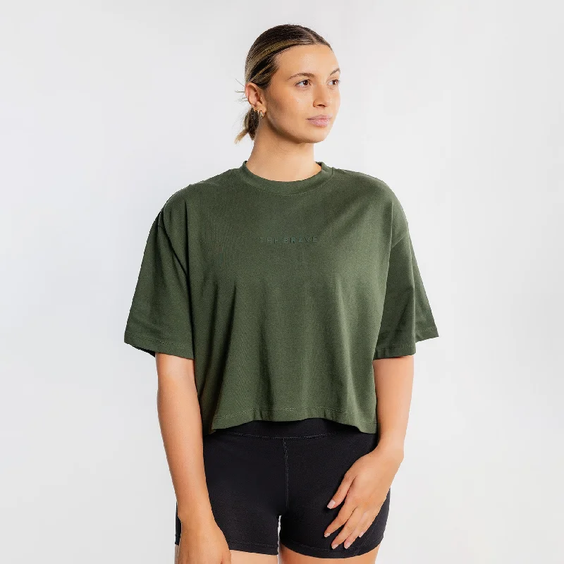 THE BRAVE - WOMEN'S LIFESTYLE OVERSIZED CROPPED T-SHIRT - DARK OLIVE Machine Wash Dry Clean Hand Wash