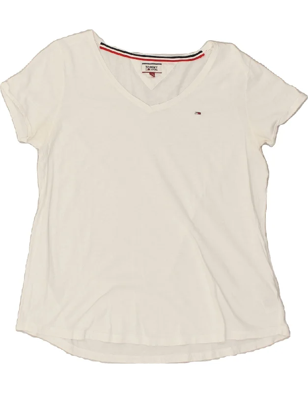 TOMMY HILFIGER Womens T-Shirt Top UK 18 XL White Cotton Notch Collar Peter Pan Collar Cowl Neck