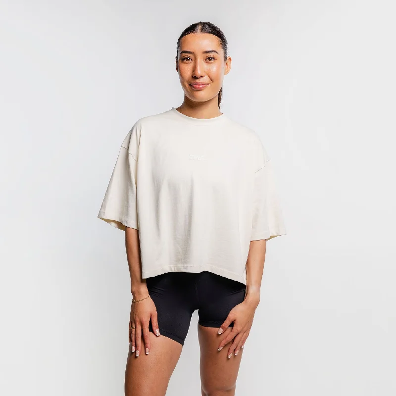 TWL - WOMEN'S LIFESTYLE OVERSIZED CROPPED T-SHIRT - BONE Cotton Fabric Linen Fabric Terry Fabric