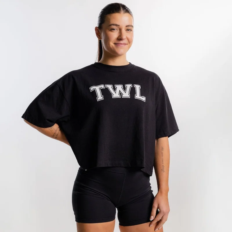 TWL - WOMEN'S OVERSIZED CROPPED T-SHIRT - VARSITY - BLACK Satin Fabric Silk Fabric Chiffon Fabric TWL - WOMEN'S OVERSIZED CROPPED T-SHIRT - VARSITY - BLACK Satin Fabric Silk Fabric Chiffon Fabric