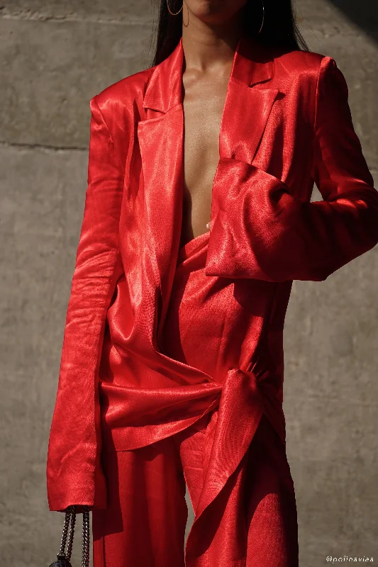 Aspyn Satin Blazer Jacket - Red Wool Fabric Cashmere Fabric Tweed Fabric