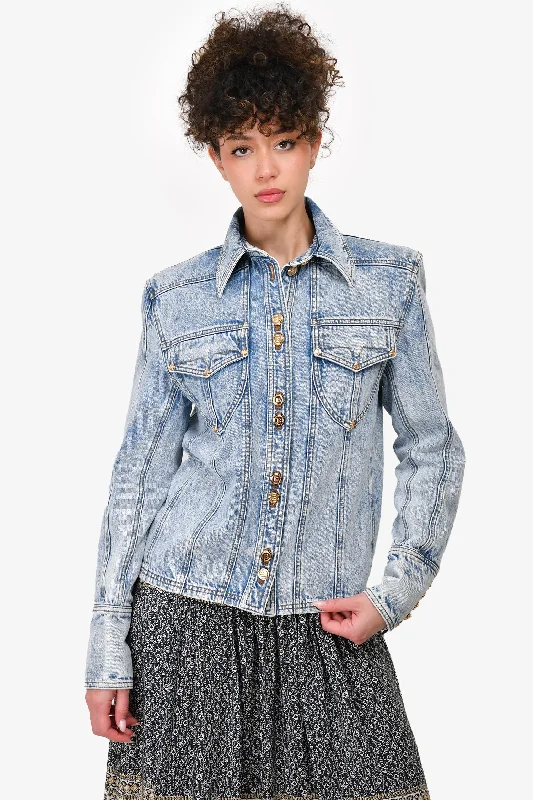 Balmain Blue 'Acid Wash' Denim Gold Button Detail Jacket with Shoulder Pads Size 34 Satin Jacket Silk Jacket Chiffon Jacket Balmain Blue 'Acid Wash' Denim Gold Button Detail Jacket with Shoulder Pads Size 34 Satin Jacket Silk Jacket Chiffon Jacket