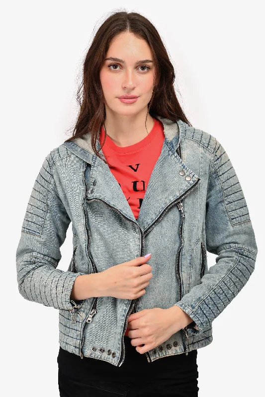 Balmain Blue Denim Hooded Moto Jacket Size M V-Neck Jacket Boat Neck Jacket Square Neck Jacket Balmain Blue Denim Hooded Moto Jacket Size M V-Neck Jacket Boat Neck Jacket Square Neck Jacket