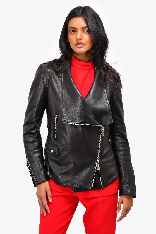 Barbara Bui Black Leather Draped Front Moto Jacket Size S Denim Fabric Leather Fabric Suede Fabric Barbara Bui Black Leather Draped Front Moto Jacket Size S Denim Fabric Leather Fabric Suede Fabric