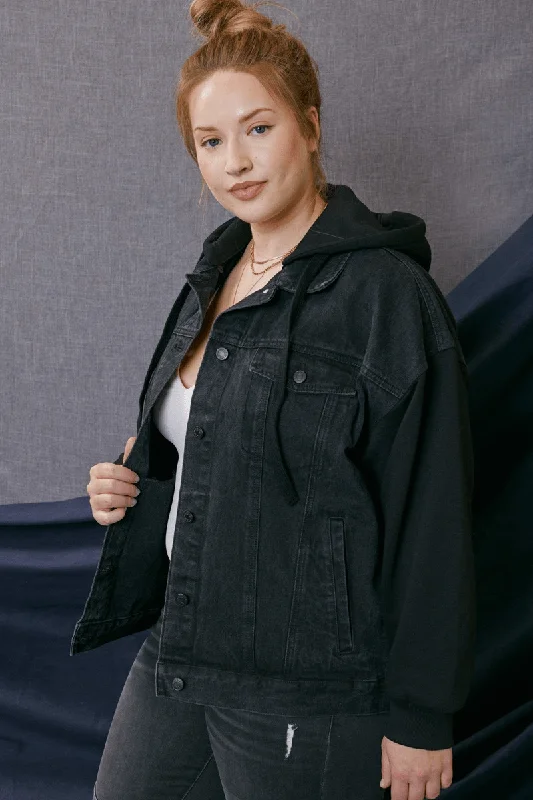Black Denim Hoodie Jacket KC2001BK-P Denim Jacket Leather Jacket Suede Jacket