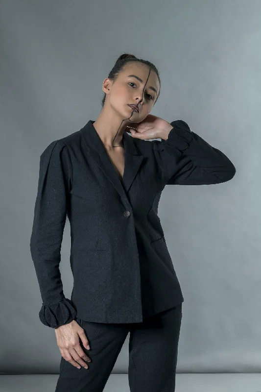 Black Jacket with Origami Zippered Front Buttoned Front Snap Front