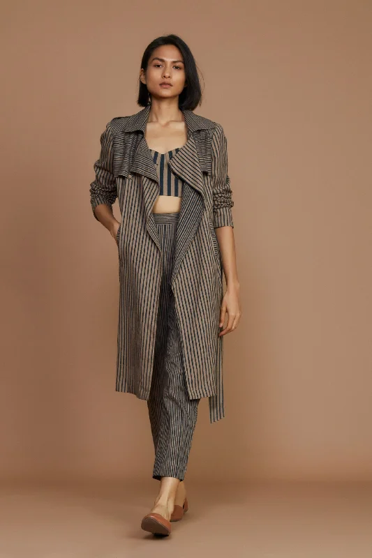 Brown With Charcoal Striped Trench Jacket Print Jacket Jacquard Jacket Embroidered Jacket