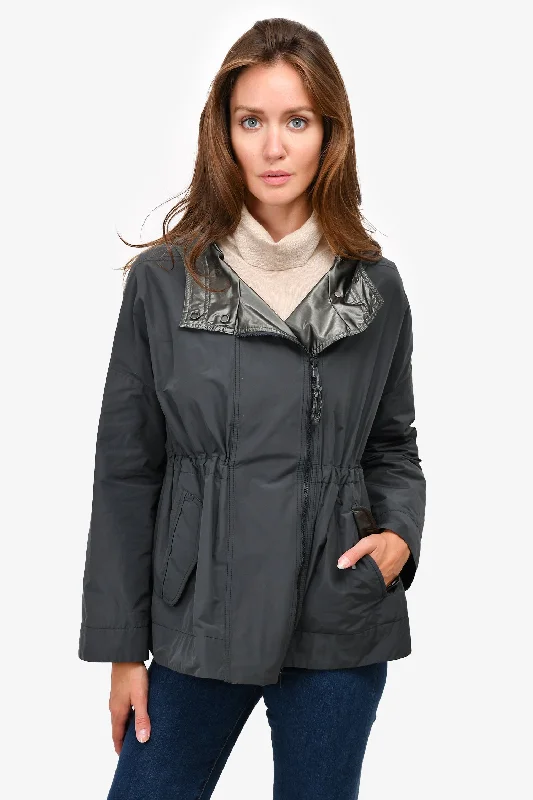 Brunello Cucinelli Grey Nylon Hooded Drawstring Waist Jacket Size 38 A-Line Jacket Boat Neck Shawl Collar Brunello Cucinelli Grey Nylon Hooded Drawstring Waist Jacket Size 38 A-Line Jacket Boat Neck Shawl Collar