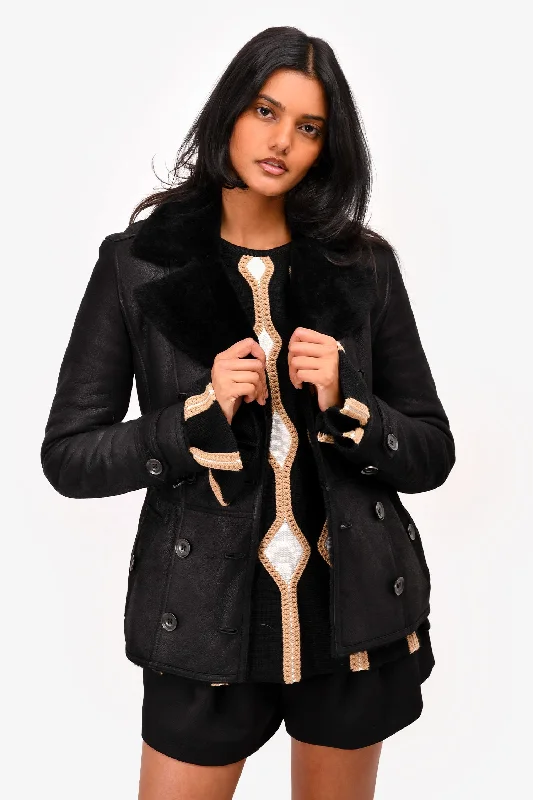 Burberry Brit Black Shearling Lambskin Double Breasted Belted Jacket Size 4 US Chenille Fabric Brocade Fabric Lace Fabric Burberry Brit Black Shearling Lambskin Double Breasted Belted Jacket Size 4 US Chenille Fabric Brocade Fabric Lace Fabric