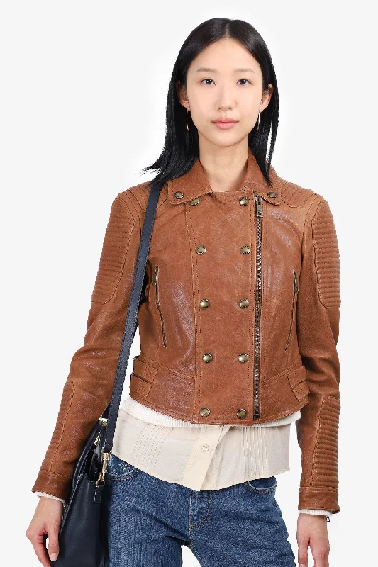 Burberry Brit Brown Leather Biker Jacket Size 6 Print Jacket Jacquard Jacket Patchwork Jacket Burberry Brit Brown Leather Biker Jacket Size 6 Print Jacket Jacquard Jacket Patchwork Jacket