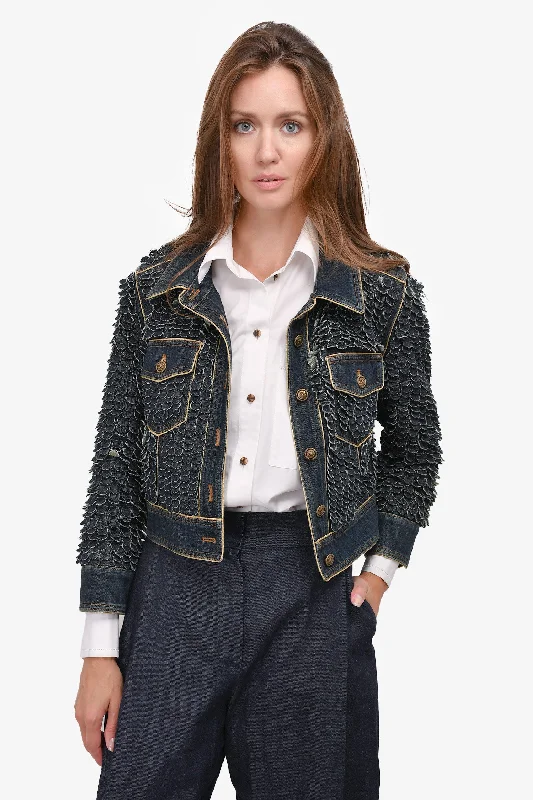 Pre-Loved Chanel™ 2014 Dark Blue Scalloped Denim 'Paris-Dallas' Jacket with Gold Trim Size 38 Striped Jacket Polka Dot Jacket Floral Jacket Pre-Loved Chanel™ 2014 Dark Blue Scalloped Denim 'Paris-Dallas' Jacket with Gold Trim Size 38 Striped Jacket Polka Dot Jacket Floral Jacket