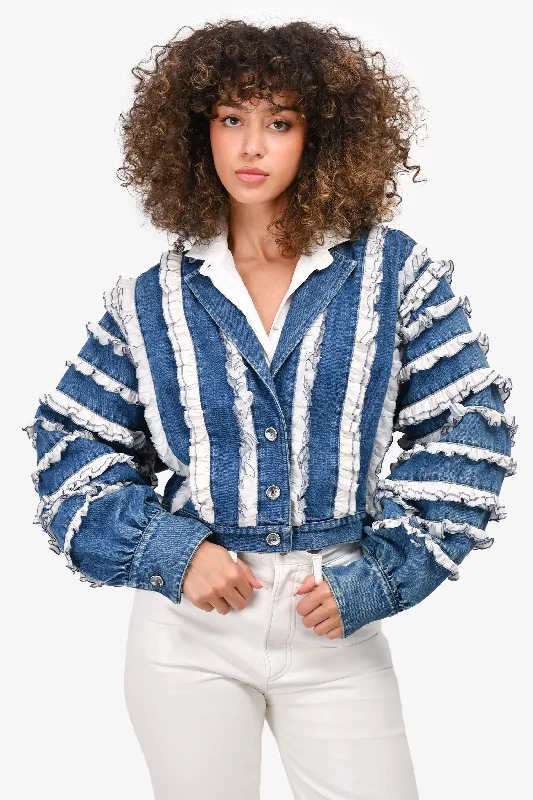 Pre-Loved Chanel™ Blue/White Denim/Silk Ruffle Detail Jacket Size 38 Herringbone Jacket Checkered Jacket Solid Jacket Pre-Loved Chanel™ Blue/White Denim/Silk Ruffle Detail Jacket Size 38 Herringbone Jacket Checkered Jacket Solid Jacket
