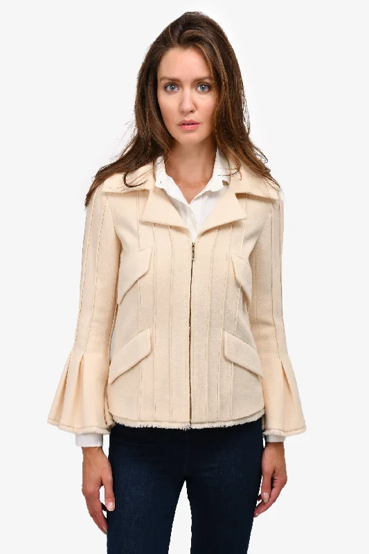 Pre-Loved Chanel™ Cream Pleated Bell Sleeve Zip-Up Jacket Size 38 Tailored Jacket Straight Jacket A-Line Jacket Pre-Loved Chanel™ Cream Pleated Bell Sleeve Zip-Up Jacket Size 38 Tailored Jacket Straight Jacket A-Line Jacket