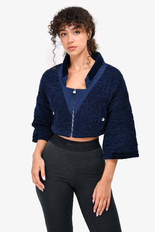 Pre-Loved Chanel™ Navy Blue Quilted Terry Cropped Zip Jacket Size 38 Print Jacket Jacquard Jacket Patchwork Jacket Pre-Loved Chanel™ Navy Blue Quilted Terry Cropped Zip Jacket Size 38 Print Jacket Jacquard Jacket Patchwork Jacket