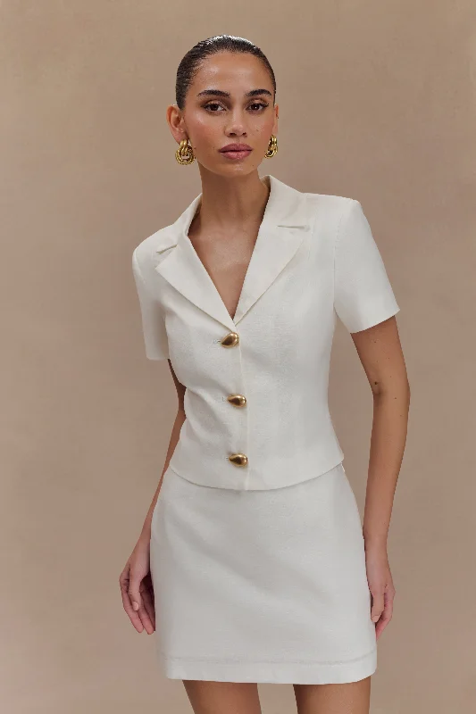 Ciara Linen Jacket - White Ribbed Jacket Pleated Jacket Ruffled Jacket