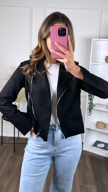 Cora Black Suede Finish Collared Jacket Jacket Blazer Coat