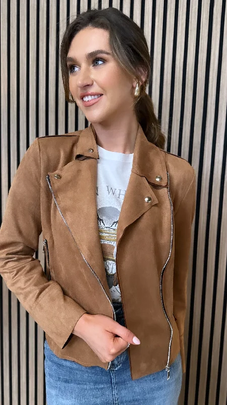 Cora Camel Suede Finish Collared Jacket Denim Fabric Leather Fabric Suede Fabric