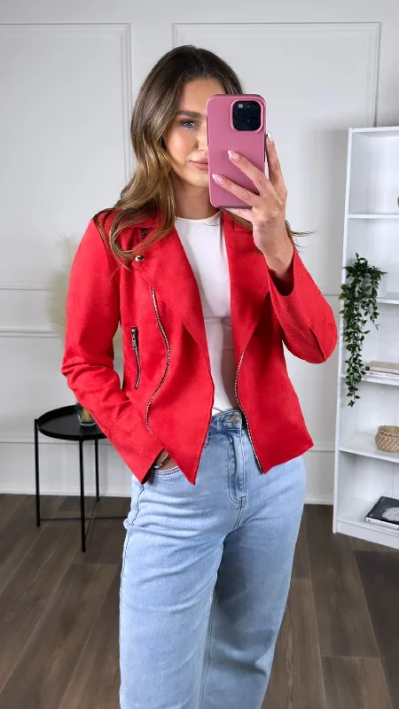 Cora Red Suede Finish Collared Jacket Fleece Fabric Down Fabric Feather Fabric