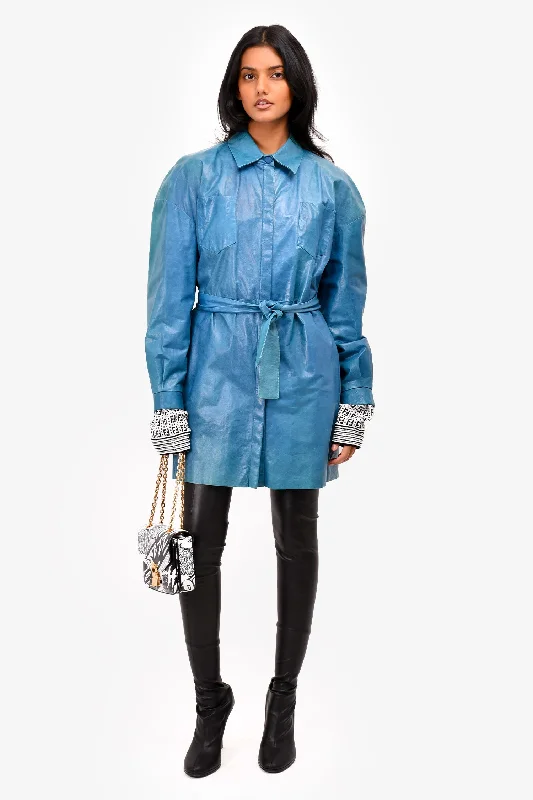 DROMe Blue Calfskin Leather Shirt Jacket with Waist Tie Size XS Welt Pockets Slit Pockets Flap Pockets