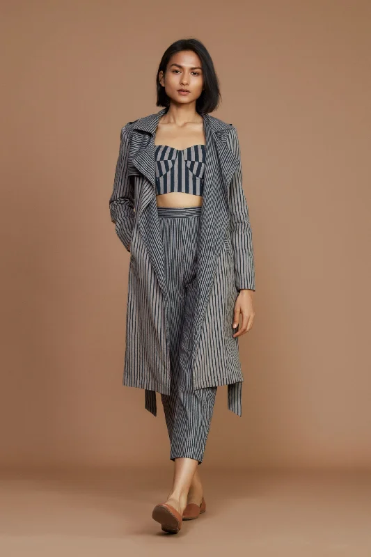 Grey With Charcoal Striped Trench Jacket Appliqued Jacket Beaded Jacket Sequined Jacket