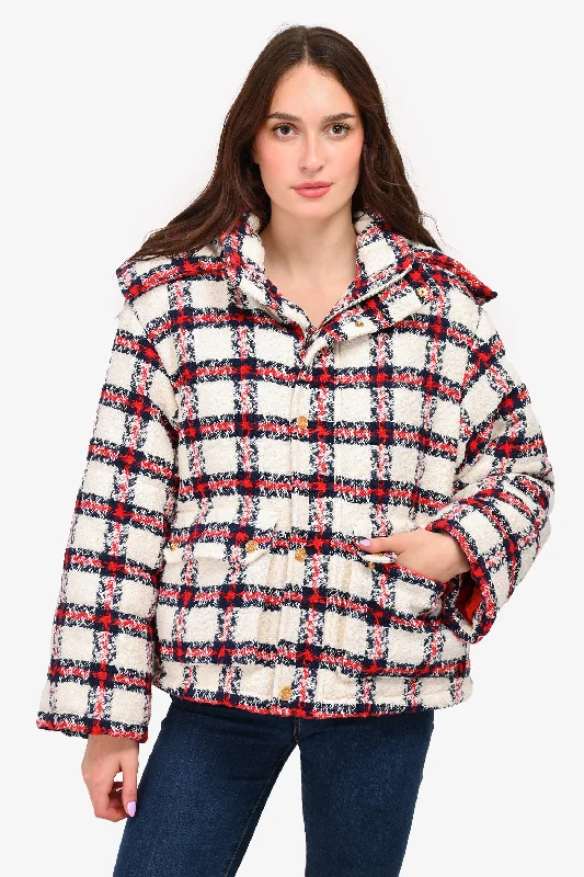 Gucci 2021 White/Navy/Red Checked Hooded Padded Jacket Size 40 Anorak Shell Jacket Lightweight Jacket Gucci 2021 White/Navy/Red Checked Hooded Padded Jacket Size 40 Anorak Shell Jacket Lightweight Jacket