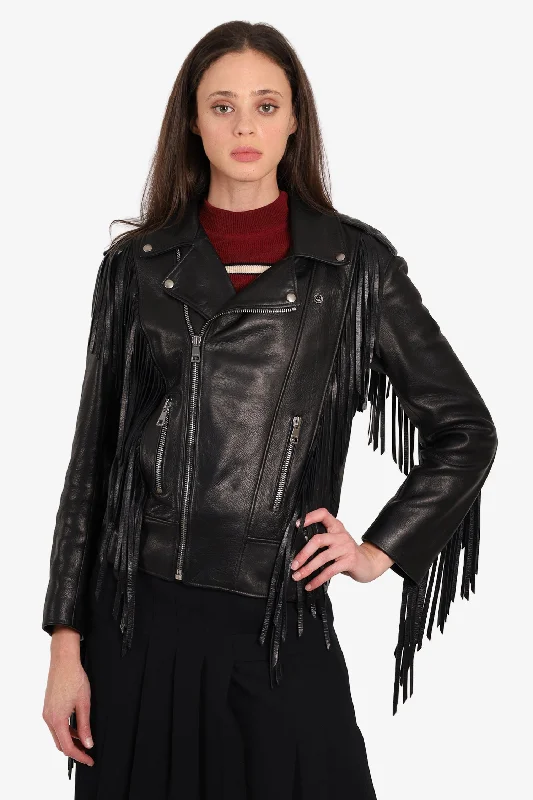 Gucci Black Leather Fringe Beaded Jacket Size 38 Bomber Jacket Anorak Windbreaker