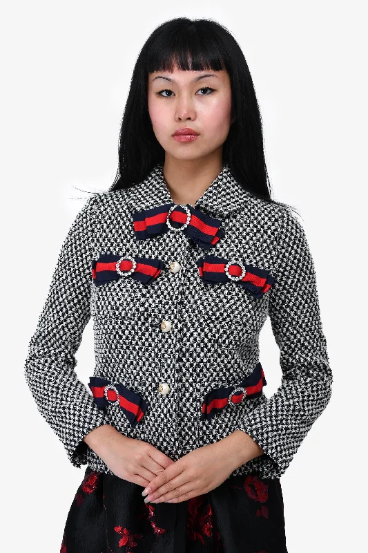 Gucci Black/White Tweed Web Crystal/Bow Embellished Jacket Size 36 Faux Fur Jacket Real Fur Jacket Shearling Jacket