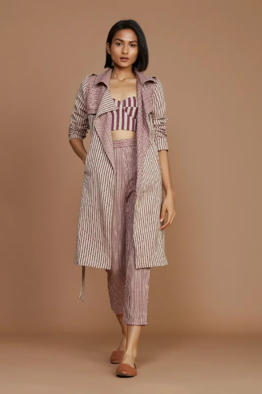 Ivory With Mauve Striped Trench Jacket Ribbed Jacket Pleated Jacket Ruffled Jacket
