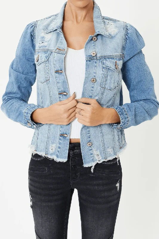 Distressed Denim Jacket Welt Pockets Slit Pockets Flap Pockets
