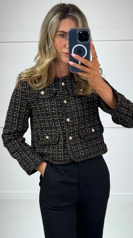 Lesley Black Tweed Effect Jacket Welt Pockets Slit Pockets Flap Pockets