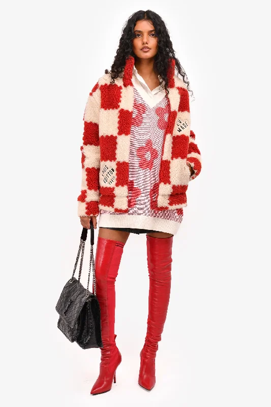 Louis Vuitton x Nigo 2022 Cream/Brick Red Checkered Fleece Zip-Up Jacket Size XS Mens Ribbed Jacket Pleated Jacket Ruffled Jacket Louis Vuitton x Nigo 2022 Cream/Brick Red Checkered Fleece Zip-Up Jacket Size XS Mens Ribbed Jacket Pleated Jacket Ruffled Jacket
