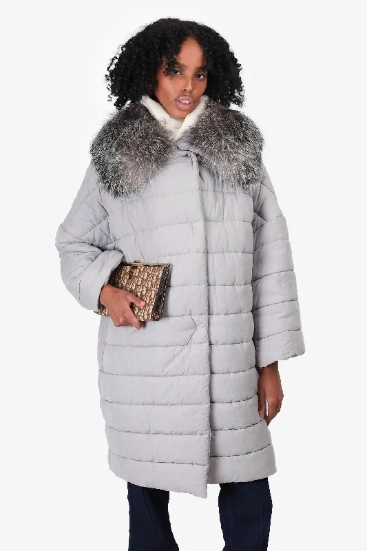 Max Mara Grey Long Puffer Jacket with Fur Collar Size 4 Faux Fur Jacket Real Fur Jacket Shearling Jacket Max Mara Grey Long Puffer Jacket with Fur Collar Size 4 Faux Fur Jacket Real Fur Jacket Shearling Jacket