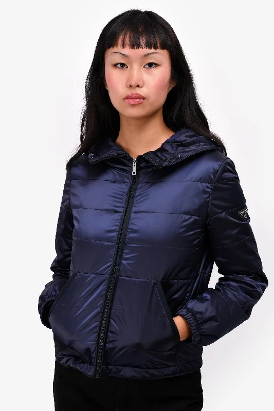 Prada Navy Nylon Quilted Hooded Jacket Size 38 Wool Jacket Cashmere Jacket Tweed Jacket Prada Navy Nylon Quilted Hooded Jacket Size 38 Wool Jacket Cashmere Jacket Tweed Jacket
