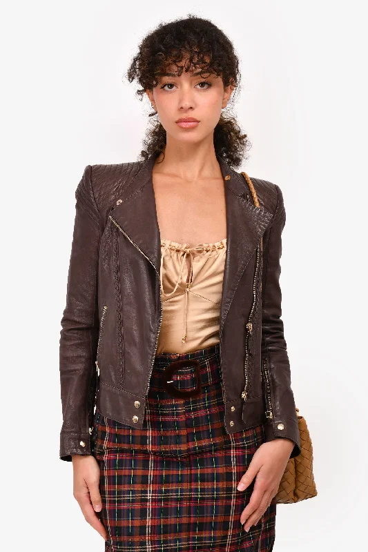 Roberto Cavalli Brown Leather Braided Detail Jacket Size 40 Notch Collar Peter Pan Collar Cowl Neck Roberto Cavalli Brown Leather Braided Detail Jacket Size 40 Notch Collar Peter Pan Collar Cowl Neck