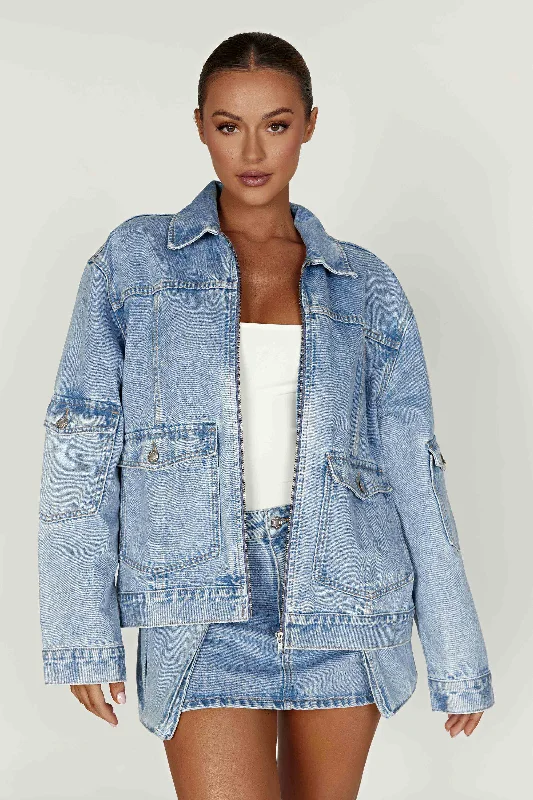 Rylee Oversized Denim Jacket - Mid Blue Knit Fabric Woven Fabric Fleece Fabric