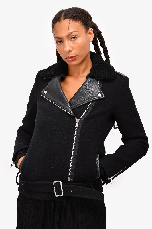 Sandro Black Wool/Leather Trim Belted Jacket Size 36 Knit Fabric Woven Fabric Fleece Fabric