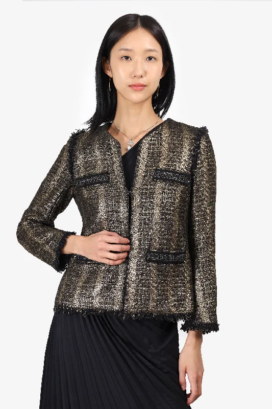 Sandro Gold Tweed Fringe Jacket Size 38 Collared Jacket Crew Neck Jacket Turtle Neck Jacket Sandro Gold Tweed Fringe Jacket Size 38 Collared Jacket Crew Neck Jacket Turtle Neck Jacket