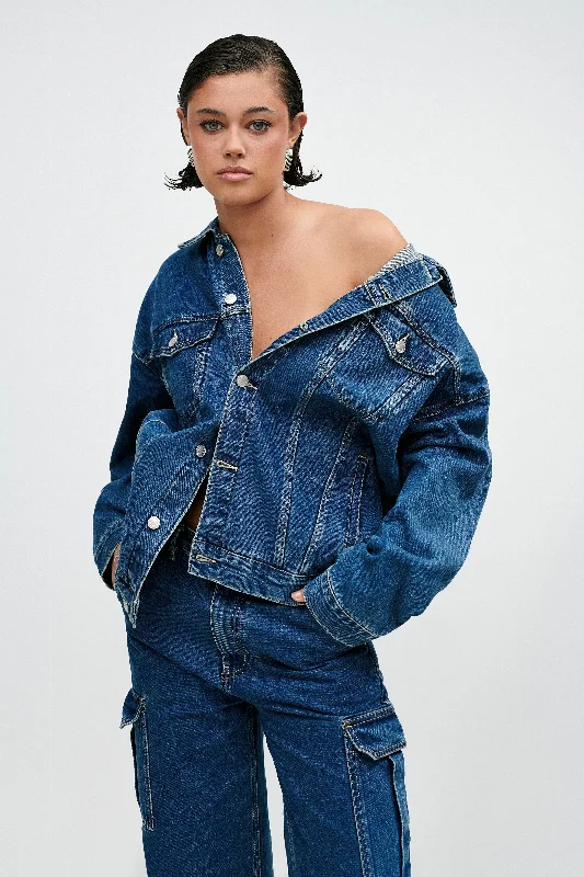 Sion Oversized Denim Jacket - Dark Blue Zippered Front Buttoned Front Snap Front