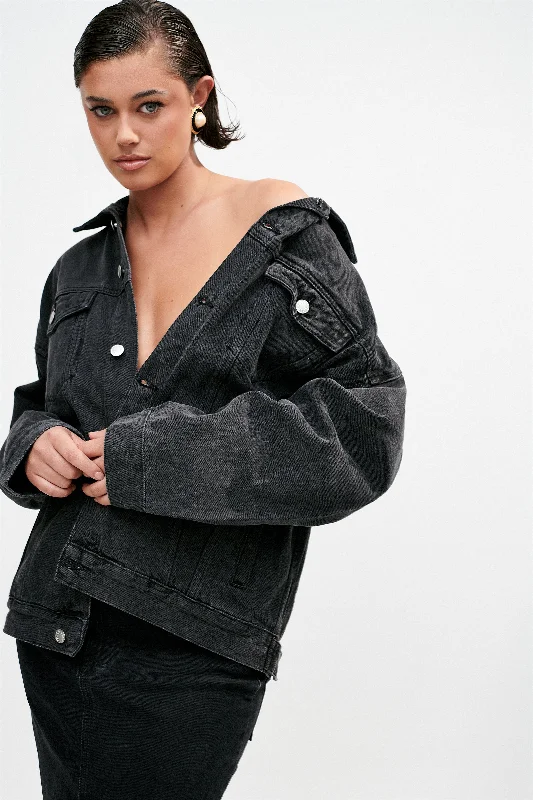 Sion Oversized Denim Jacket - Washed Black Welt Pockets Slit Pockets Flap Pockets