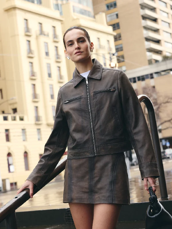 Stevie Worn Leather Jacket - Worn Cocoa Denim Jacket Leather Jacket Suede Jacket