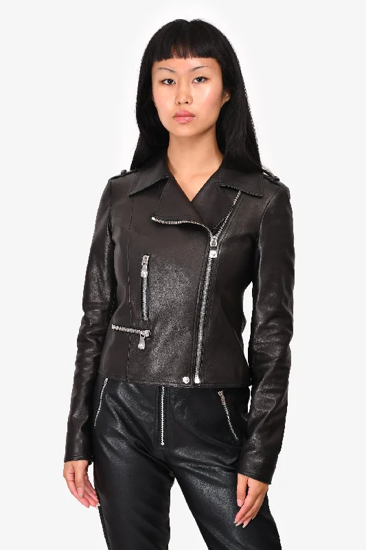 Versus Versace Black Leather Biker Jacket Size 38 Front Pockets Side Pockets Patch Pockets Versus Versace Black Leather Biker Jacket Size 38 Front Pockets Side Pockets Patch Pockets