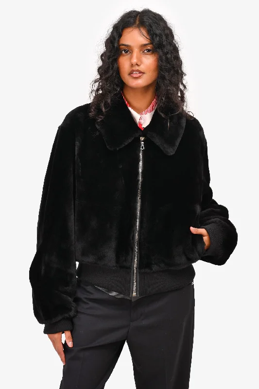 Yves Solomon Black Lamb Fur Zip-Up Jacket Size 42 Front Pockets Side Pockets Patch Pockets Yves Solomon Black Lamb Fur Zip-Up Jacket Size 42 Front Pockets Side Pockets Patch Pockets