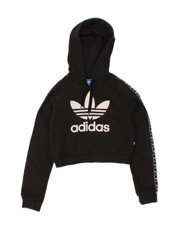 ADIDAS Womens Graphic Crop Hoodie Jumper UK 6 XS Black Cotton Hoodie with Neon Bright Vibrant ADIDAS Womens Graphic Crop Hoodie Jumper UK 6 XS Black Cotton Hoodie with Neon Bright Vibrant
