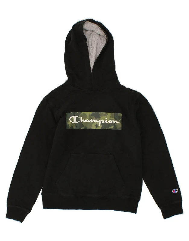 CHAMPION Boys Graphic Hoodie Jumper 11-12 Years Large Black Cotton Hoodie with Pocket Utility Practical CHAMPION Boys Graphic Hoodie Jumper 11-12 Years Large Black Cotton Hoodie with Pocket Utility Practical