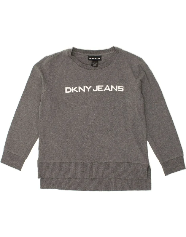 DKNY Womens Graphic Sweatshirt Jumper UK 14 Large Grey Cotton Hoodie with Thumb Holes Functional Cozy
