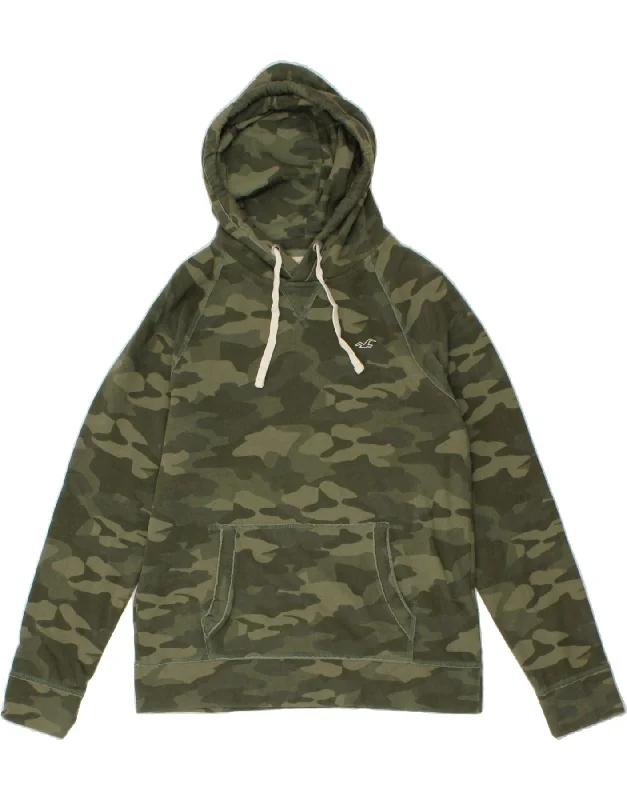 HOLLISTER Mens Hoodie Jumper Large Green Camouflage Cotton Hoodie with Cropped Fit Short Trendy HOLLISTER Mens Hoodie Jumper Large Green Camouflage Cotton Hoodie with Cropped Fit Short Trendy