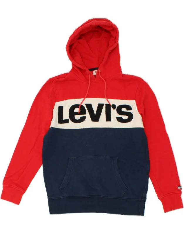 LEVI'S Womens Graphic Hoodie Jumper UK 14 Medium Red Colourblock Cotton Hoodie with Gradient Ombre Colorful