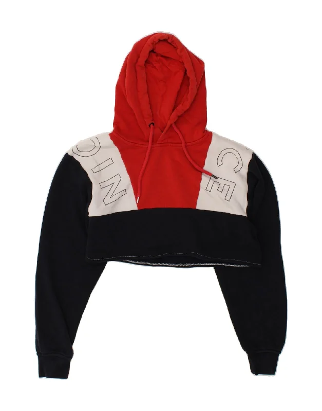 NICCE Womens Crop Graphic Hoodie Jumper UK 10 Small Black Colourblock Hoodie with Hem Raw Edge Edgy Unfinished NICCE Womens Crop Graphic Hoodie Jumper UK 10 Small Black Colourblock Hoodie with Hem Raw Edge Edgy Unfinished