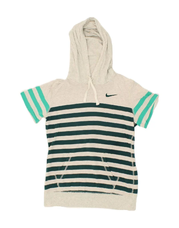 NIKE Girls Short Sleeve Hoodie Jumper 8-9 Years Small Grey Striped Cotton Hoodie with Hood Adjustable Protection NIKE Girls Short Sleeve Hoodie Jumper 8-9 Years Small Grey Striped Cotton Hoodie with Hood Adjustable Protection